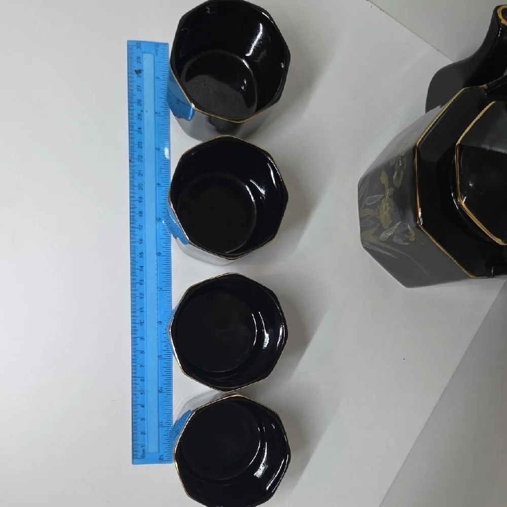 Vintage Black and Gold Floral Tea Set with Bamboo Handle